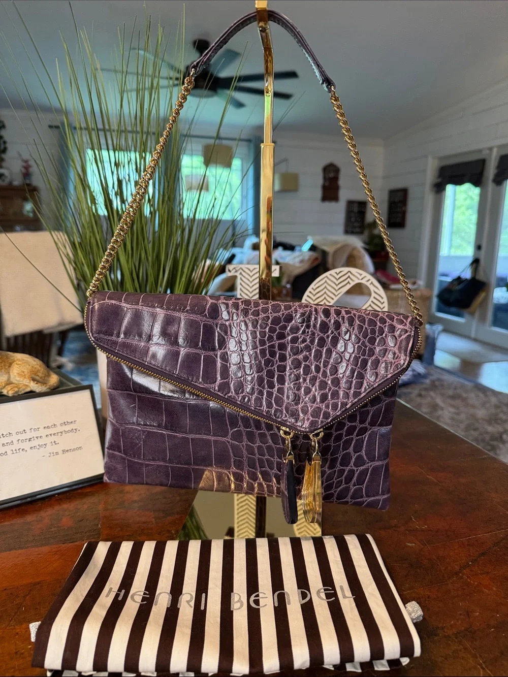 henri bendel Plum Croc-Embossed Leather Chain Shoulder Clutch